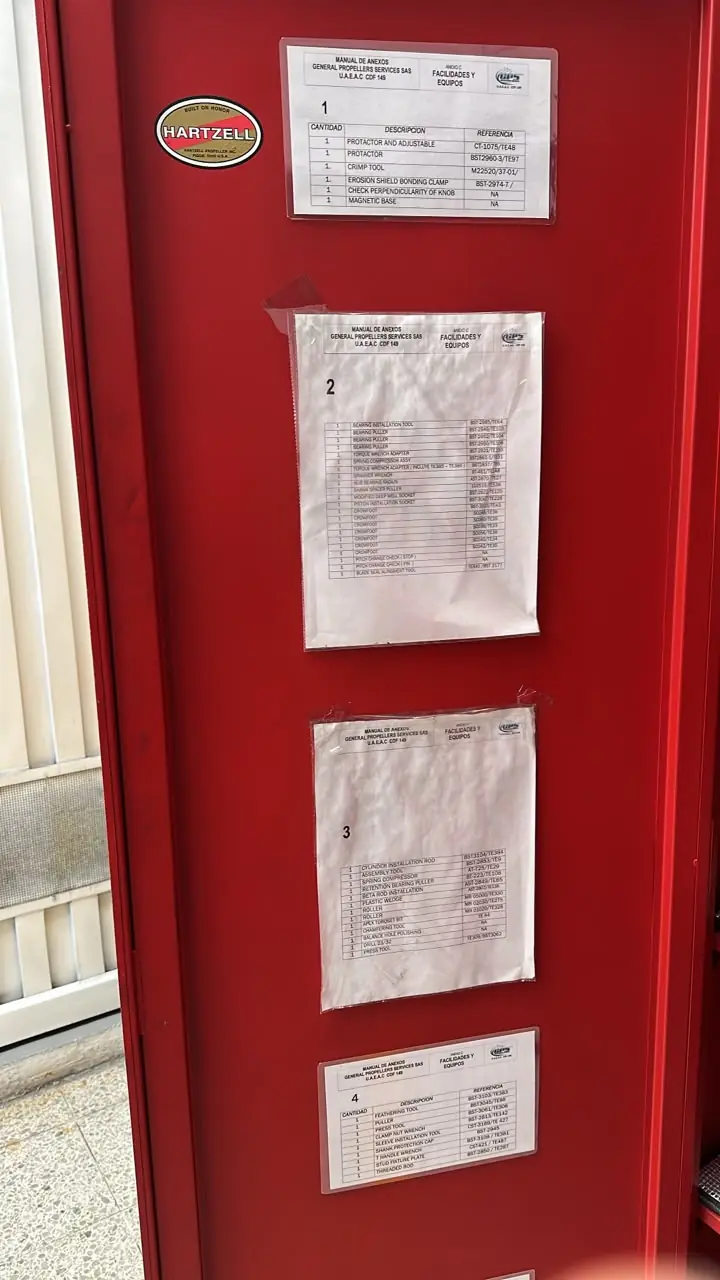 Inventario controlado de herramientas Hartzell con listas de referencia