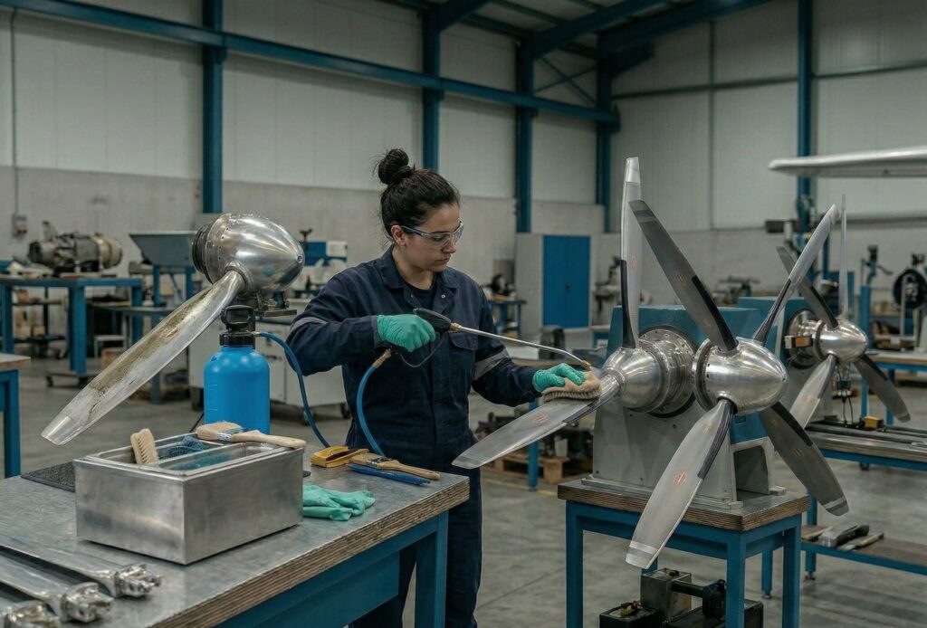 Una técnica aeronáutica aplica un spray de tratamiento y cepilla una pala de hélice. El mantenimiento preventivo directo es la mejor forma de Cómo prevenir la corrosión en palas de hélices de aeronaves.