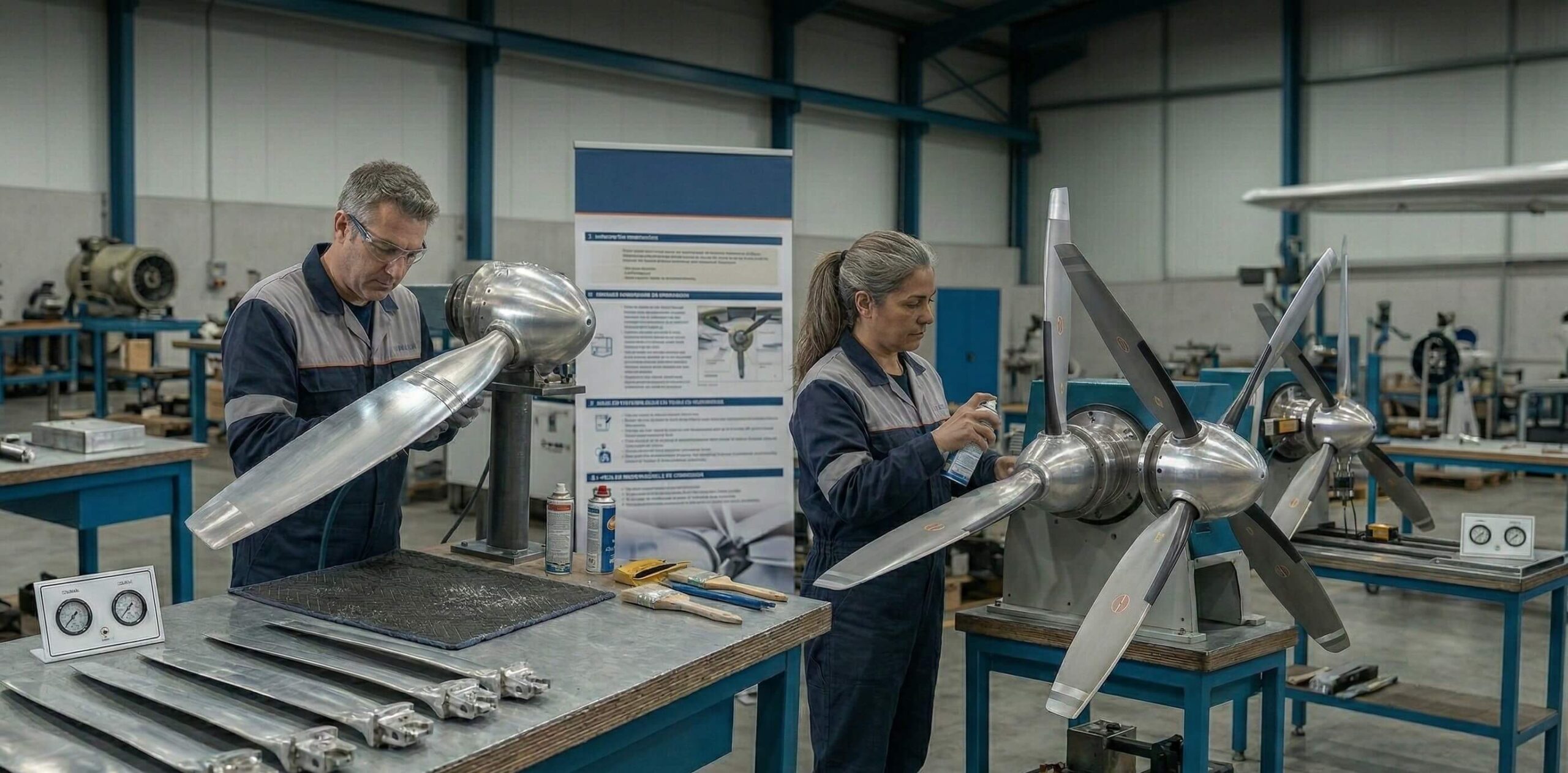 Técnicos inspeccionando de cerca una hélice de aeronave suelta. Es fundamental Cómo prevenir la corrosión en palas de hélices de aeronaves mediante revisiones periódicas.