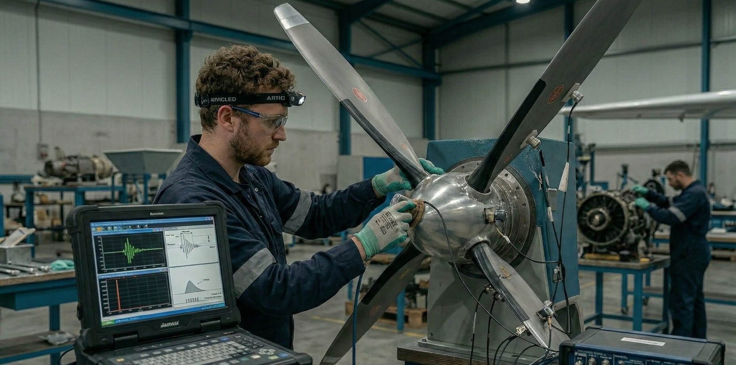 Un especialista aeronáutico utiliza un sensor electrónico de precisión en un buje de hélice. Esta técnica es clave para Cómo prevenir la corrosión en palas de hélices de aeronaves al detectar fallas internas.