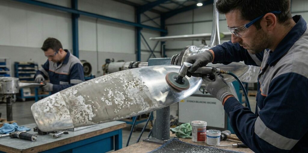 Proceso de pulido y reparacion de helices de avion en bogota para restauración de superficies