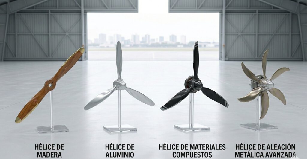 Muestra de tipos de hélices para aviones fabricadas en madera, aluminio, materiales compuestos y aleaciones metálicas avanzadas.