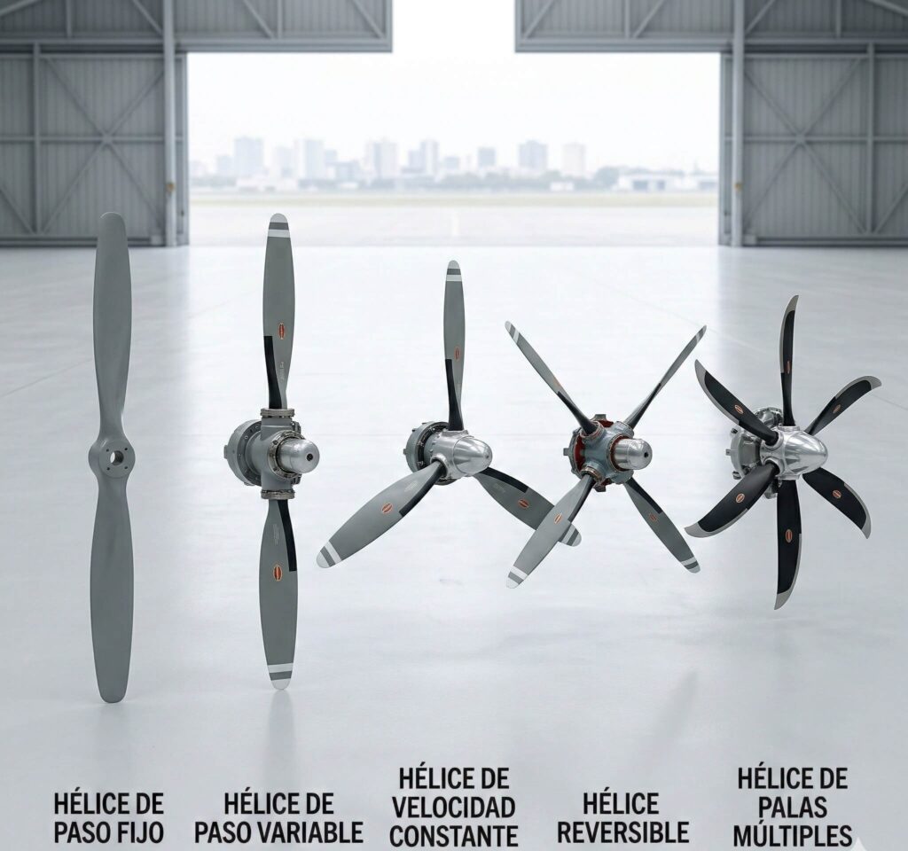 Infografía técnica que muestra diversos tipos de hélices para aviones, incluyendo de paso fijo, variable, velocidad constante y reversibles.