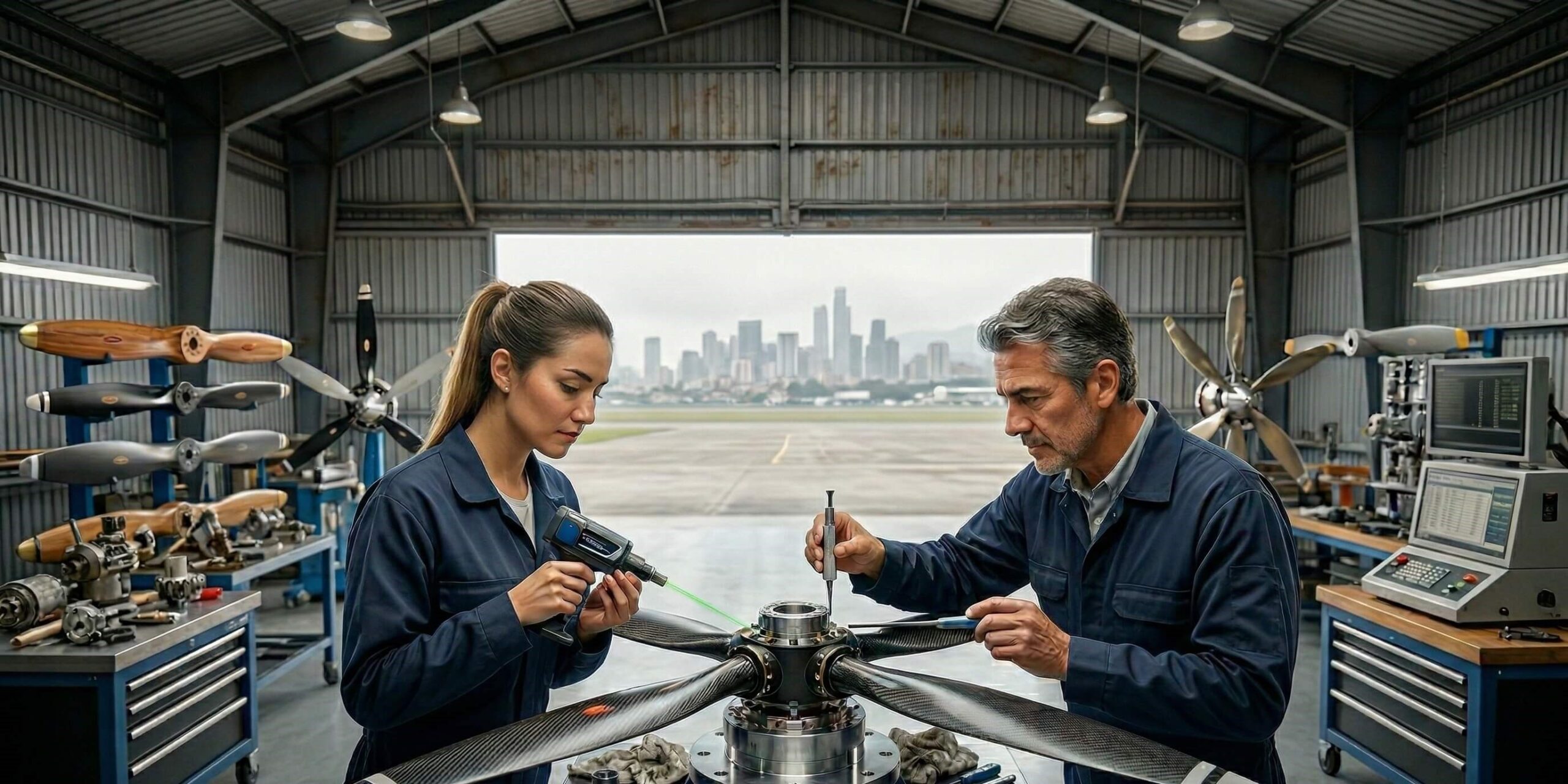 Técnicos aeronáuticos en Bogotá realizando ajustes y mediciones de precisión en distintos tipos de hélices para aviones.